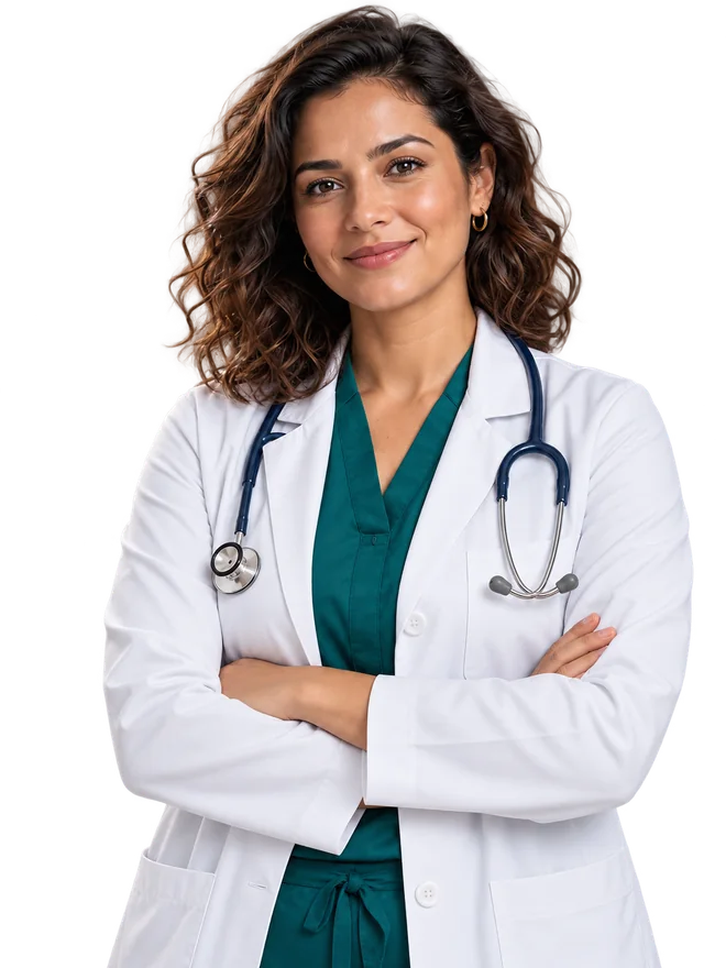 Médica sorrindo, de braços cruzados